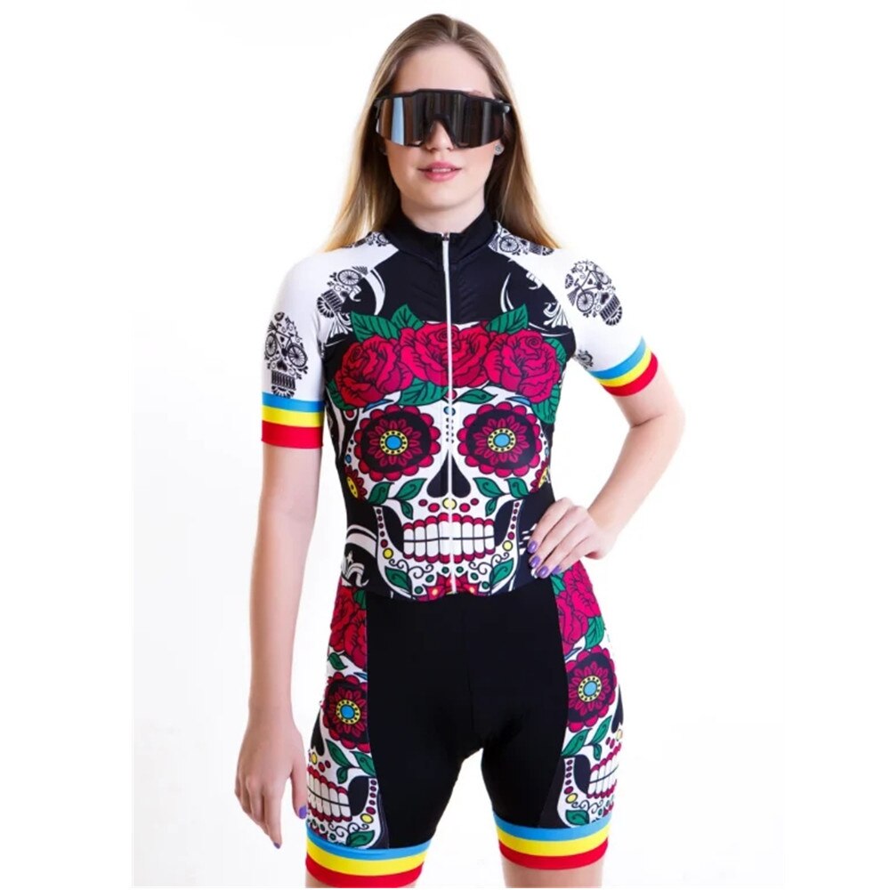 Mexican Skull Women's Triathlon Jumpsuit: Cycling Jersey Set with Skinsuit and Team Tights Kit BIKE FIELD