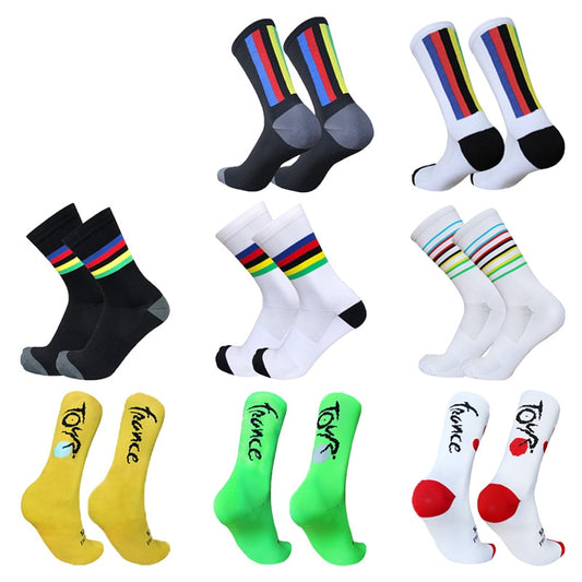 New Cycling Socks Men Women Champion Colorful Stripes Sports Breathable Compression Bike Socks Calcetines Ciclismo BIKE FIELD